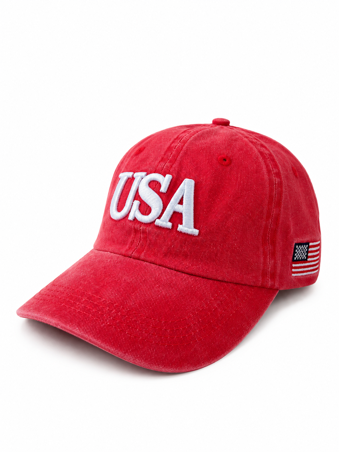 Red cap featuring "USA" embroidered in white and a small American flag on the side.