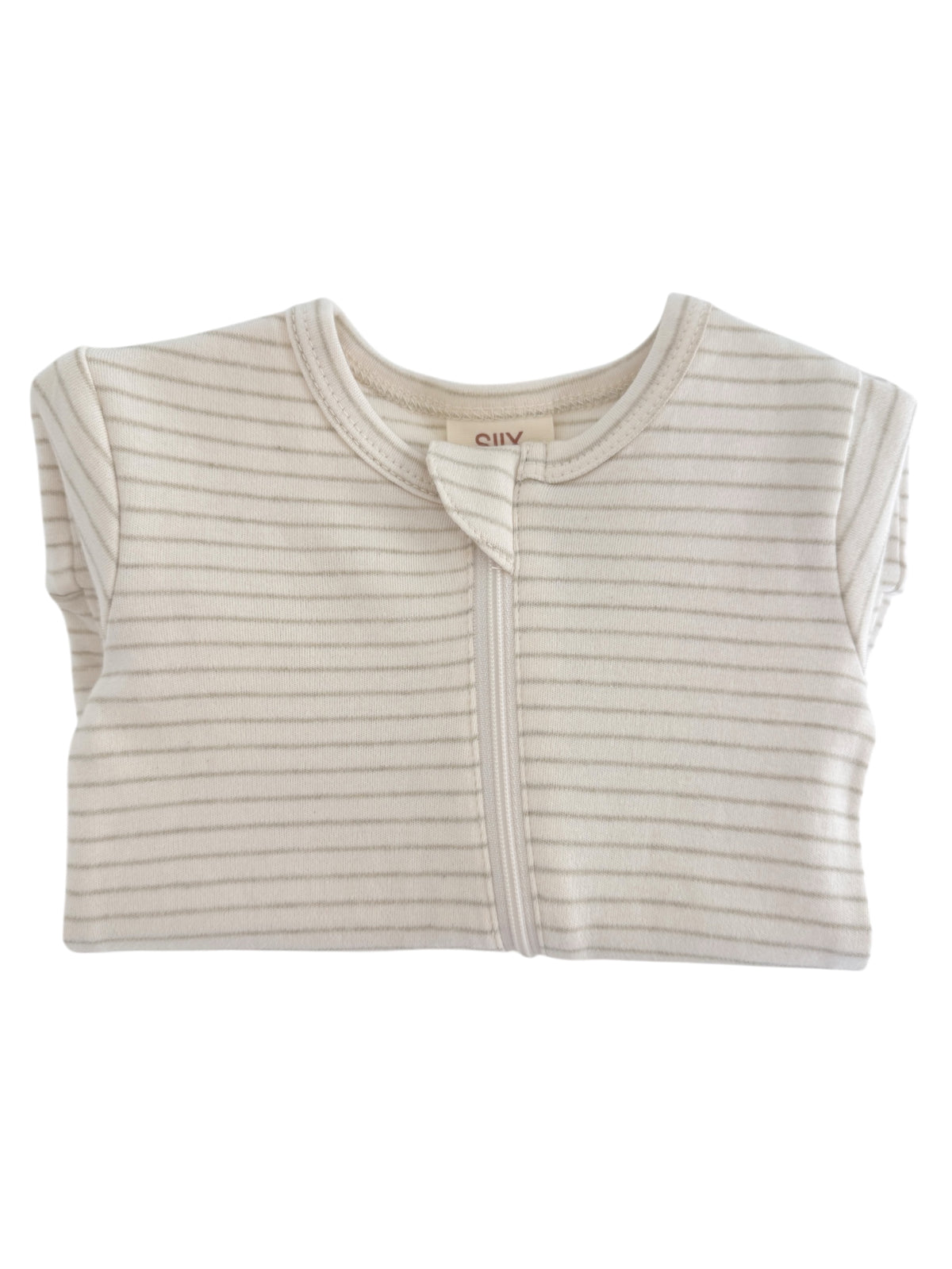 Lightly striped infant bodysuit with a front zipper, folded neatly for display.