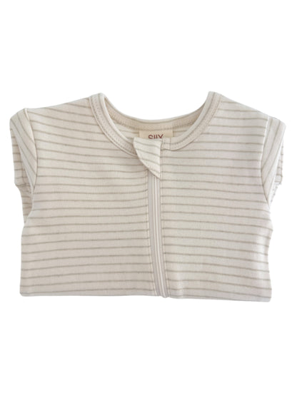 Lightly striped infant bodysuit with a front zipper, folded neatly for display.