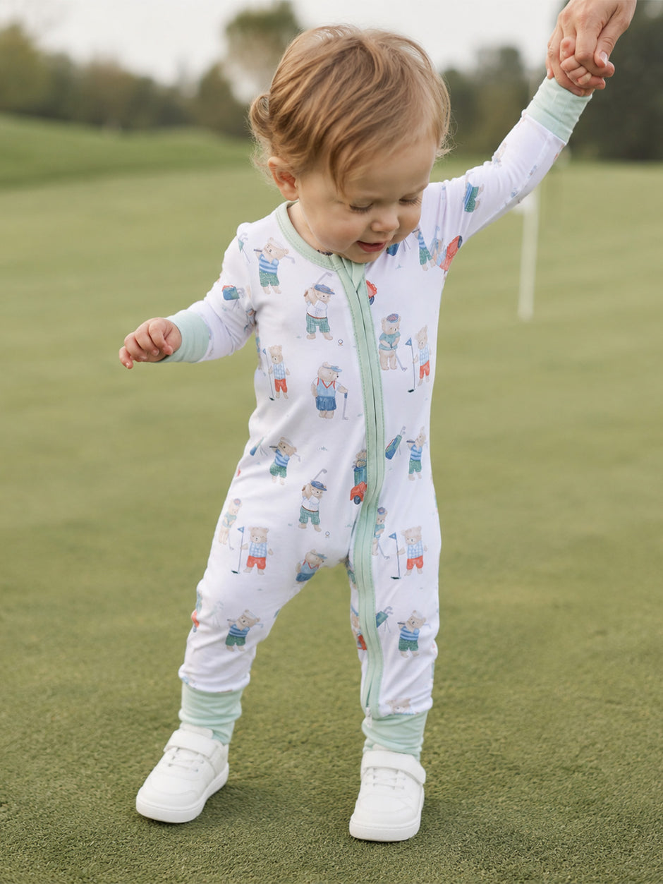 2-Way Zip Romper, Golfing Teddy Bears