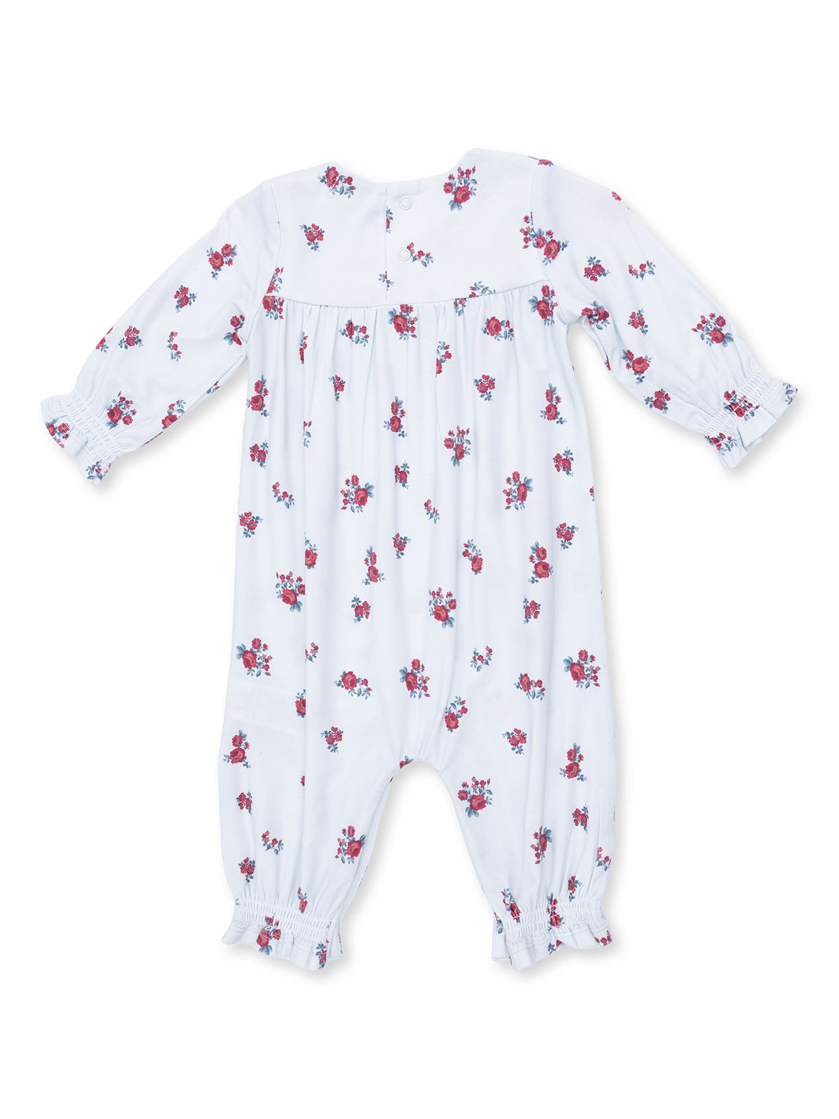 White baby romper with red and blue floral patterns and long sleeves, featuring elastic cuffs and button closure.