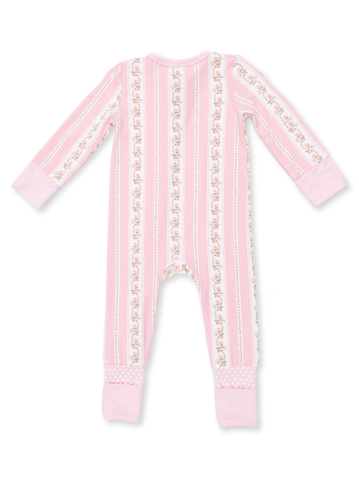 Pink striped onesie with floral patterns and polka dot cuffs, designed for infants and toddlers.