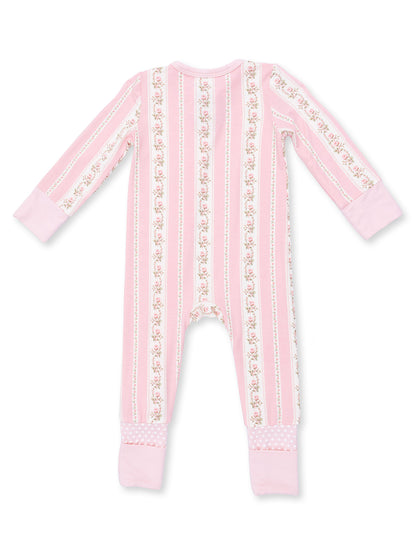 Pink striped onesie with floral patterns and polka dot cuffs, designed for infants and toddlers.