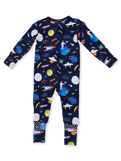 Navy pajamas featuring a colorful space design with rockets, planets, and astronaut graphics.