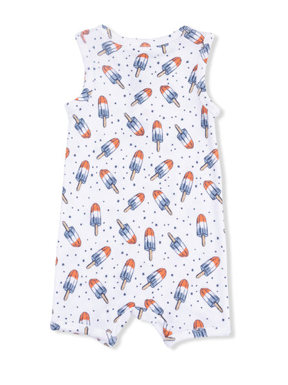 White baby romper with colorful popsicle print and blue stars, perfect for summer wear.