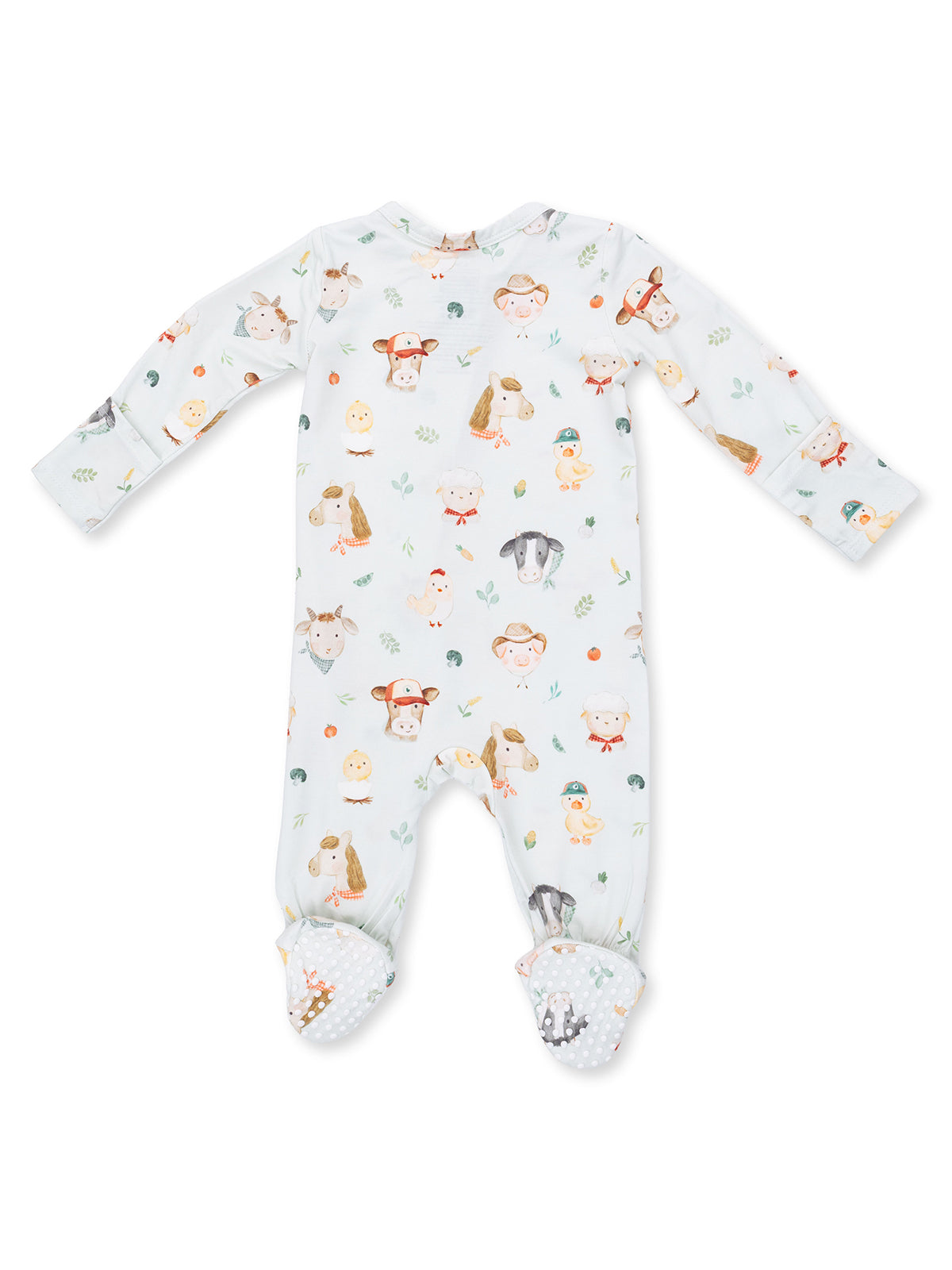 Light blue baby onesie featuring whimsical animal illustrations and dotted foot grips. Ideal for infants.