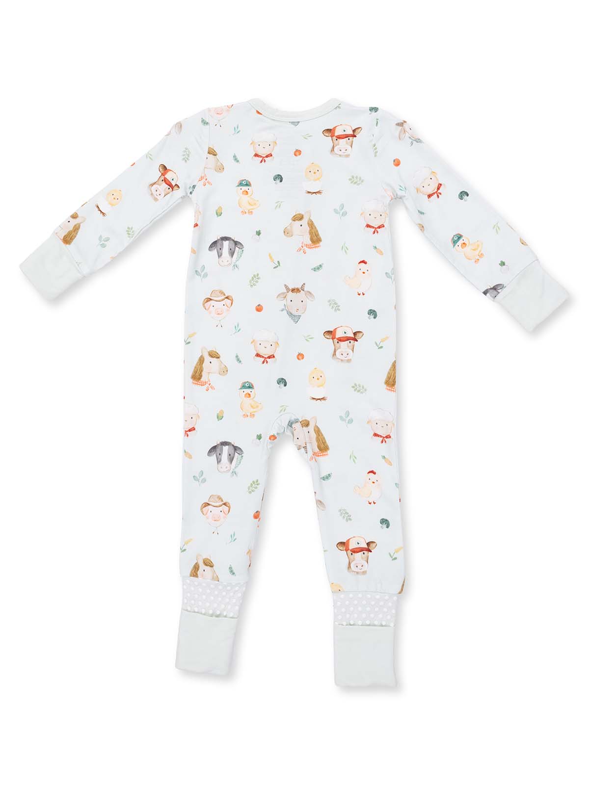 Baby pajama suit with playful animal patterns in soft colors, featuring long sleeves and ankle cuffs.