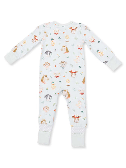 Baby pajama suit with playful animal patterns in soft colors, featuring long sleeves and ankle cuffs.