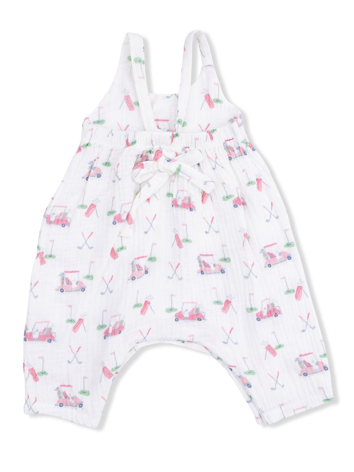 White baby romper with golf-themed pattern, featuring golf carts, clubs, and flags, tied with a cute bow.