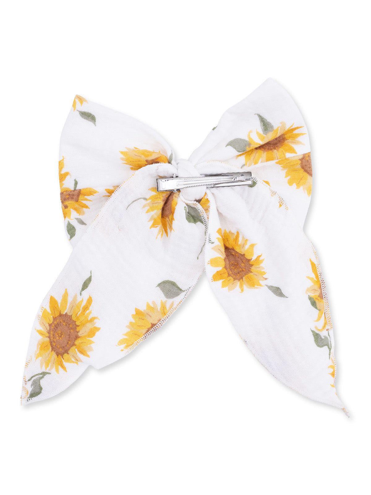 White bow hair clip with sunflower print, featuring a silver metal clasp for secure styling.