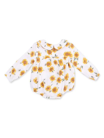 White long-sleeve shirt with a sunflower pattern and a round collar, displayed from the back.