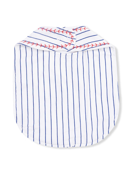 White shirt with blue stripes and red stitching on the collar, styled for a sporty look.
