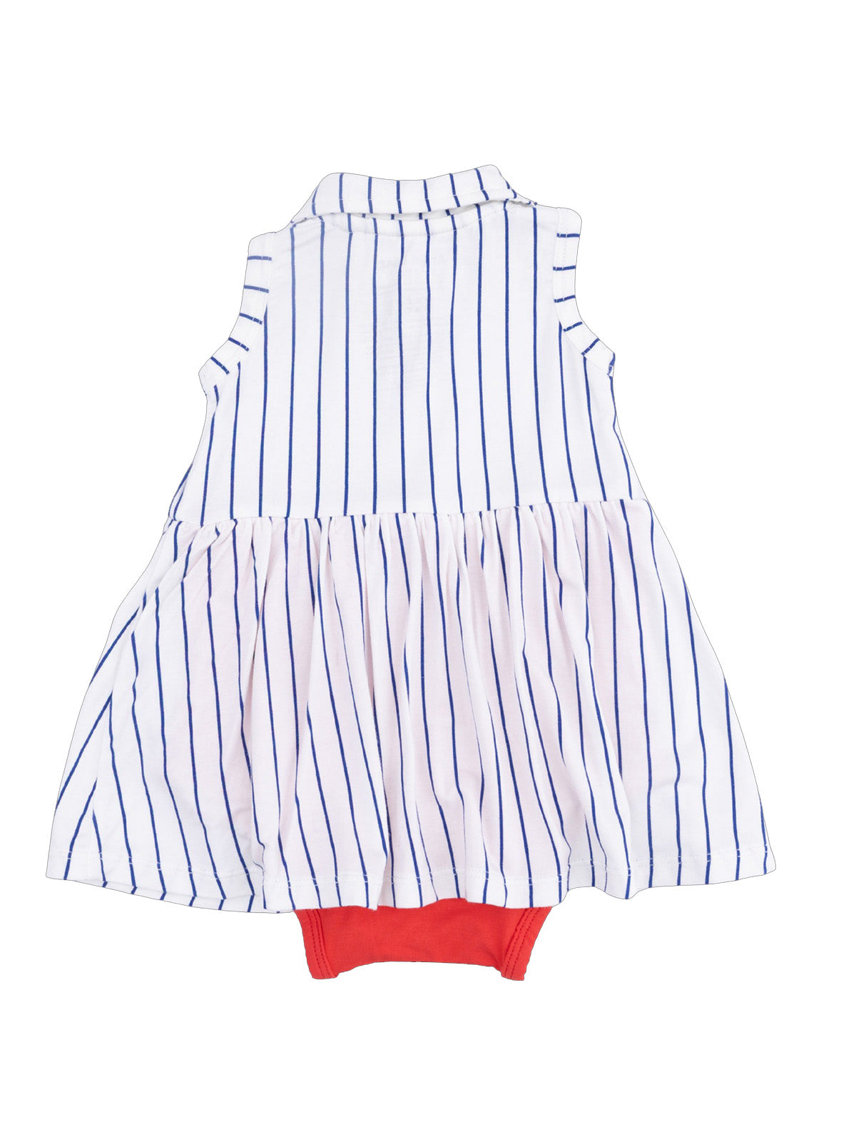Striped sleeveless dress with a flared skirt and red bodysuit bottom, shown from the back.
