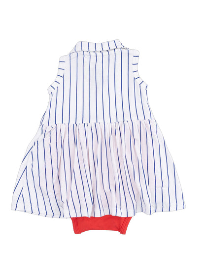 Striped sleeveless dress with a flared skirt and red bodysuit bottom, shown from the back.