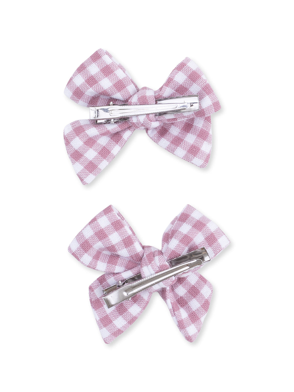 Pink and white gingham bow hair clips with metal clips on the back. Two clips displayed side by side.