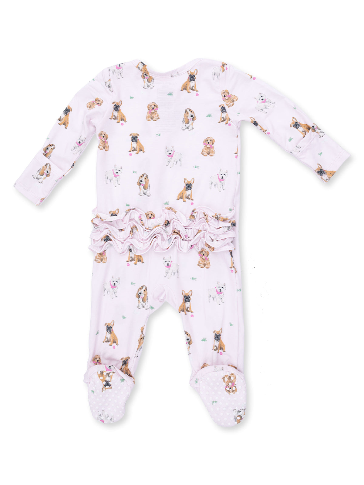 Pink baby onesie with dog prints and ruffled trim, featuring footed design for warmth and comfort.
