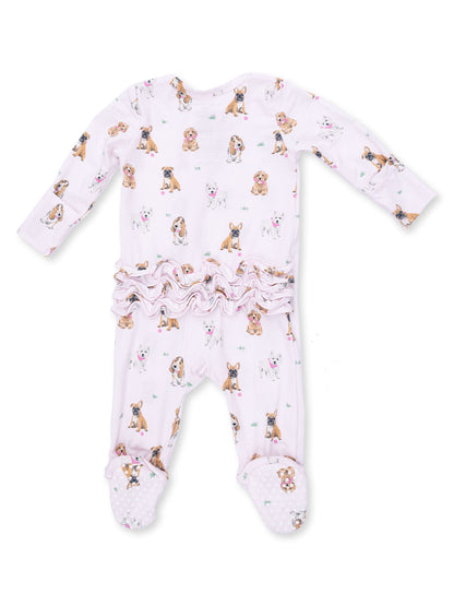 Pink baby onesie with dog prints and ruffled trim, featuring footed design for warmth and comfort.