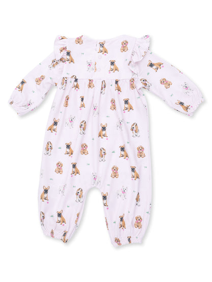 Pink baby romper with cute dog prints and ruffled sleeves. Perfect for infants and toddlers.