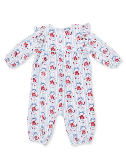 Floral baby romper with ruffled sleeves, featuring a blue and white striped pattern.