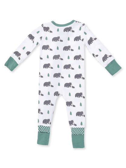 Children's pajamas with a bear and tree pattern, featuring long sleeves and green trim. Back view shown.