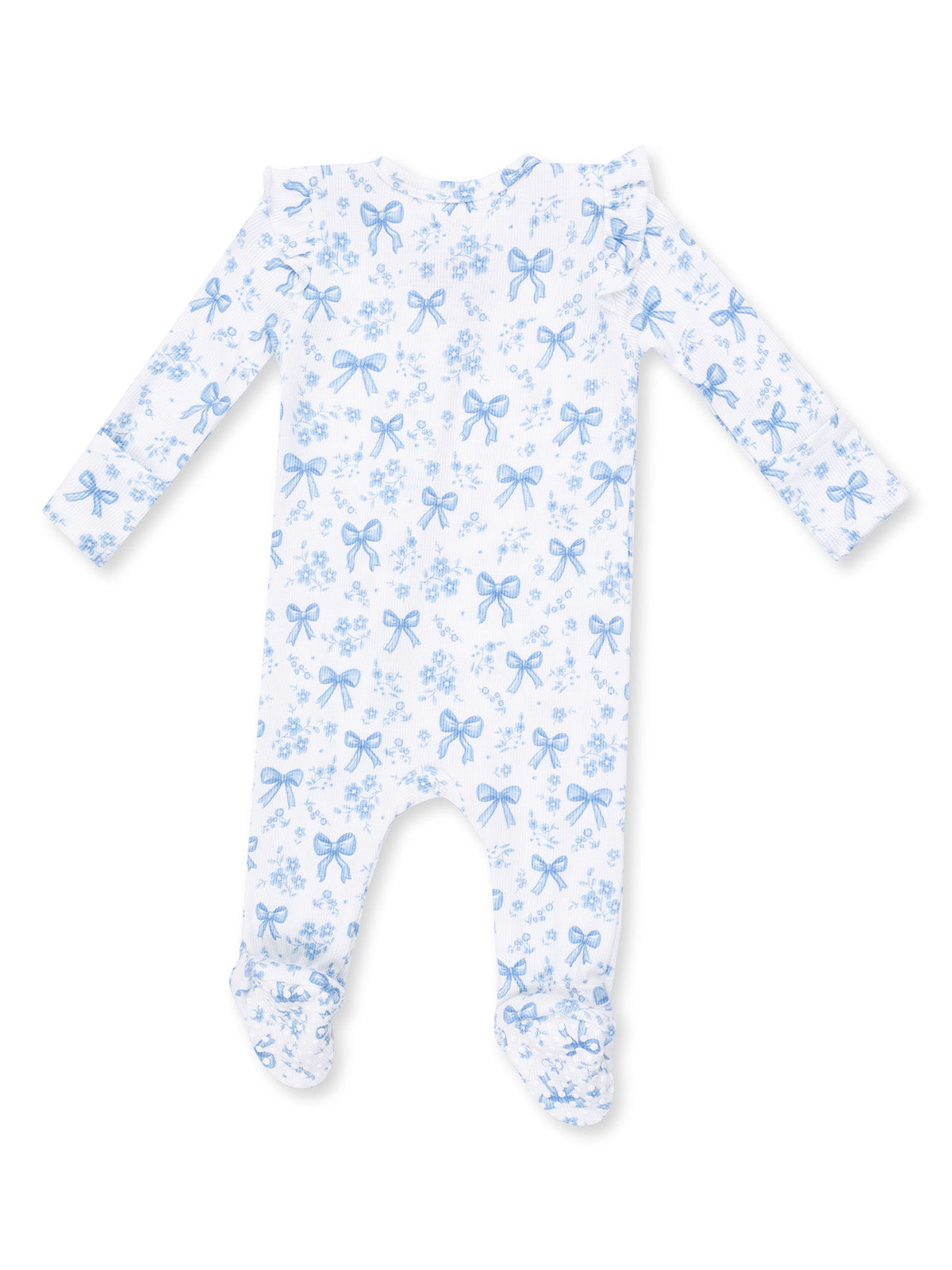 White baby onesie with blue bow and floral pattern, featuring long sleeves and footed design.