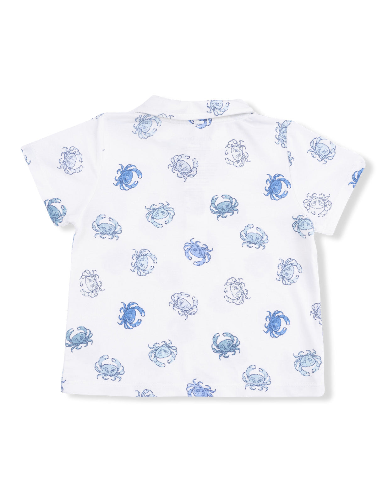 White shirt featuring a playful blue crab pattern, viewed from the back.