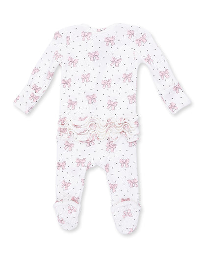 White baby romper with pink bow patterns and ruffled trim, featuring long sleeves and footed design.