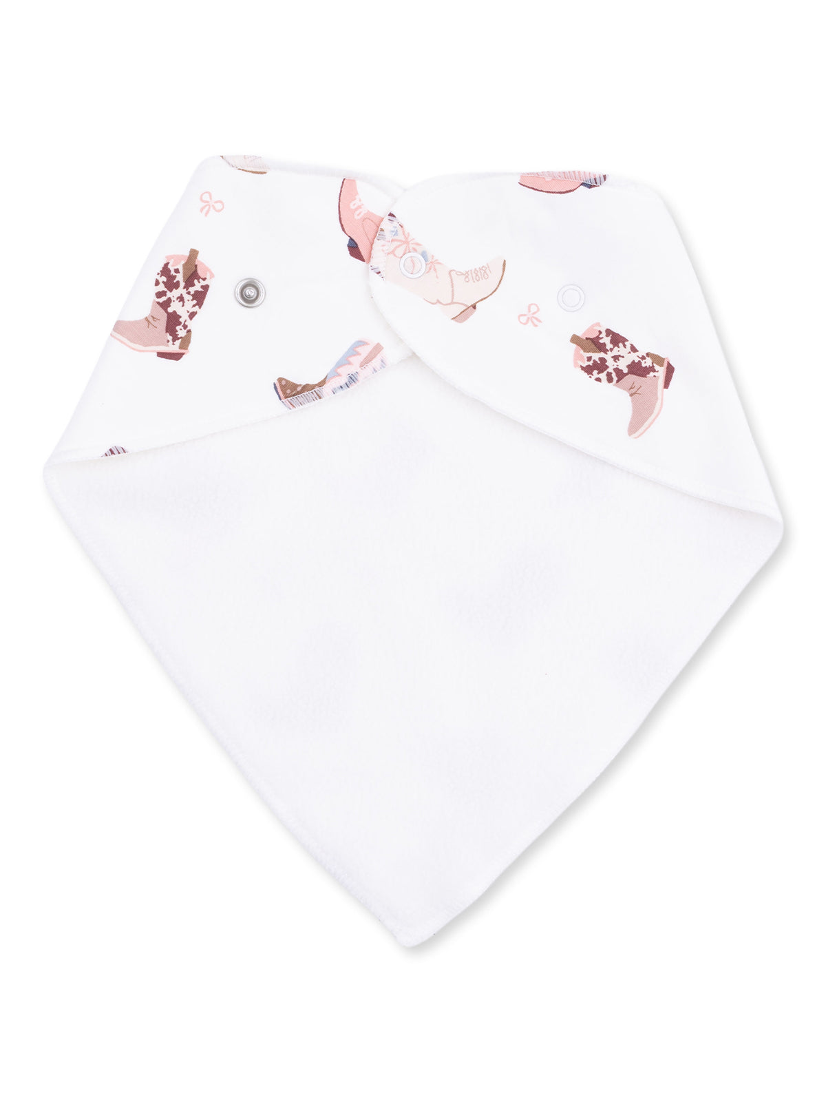 Bib with pink and brown boot prints on white fabric, featuring a button closure for easy adjustment.