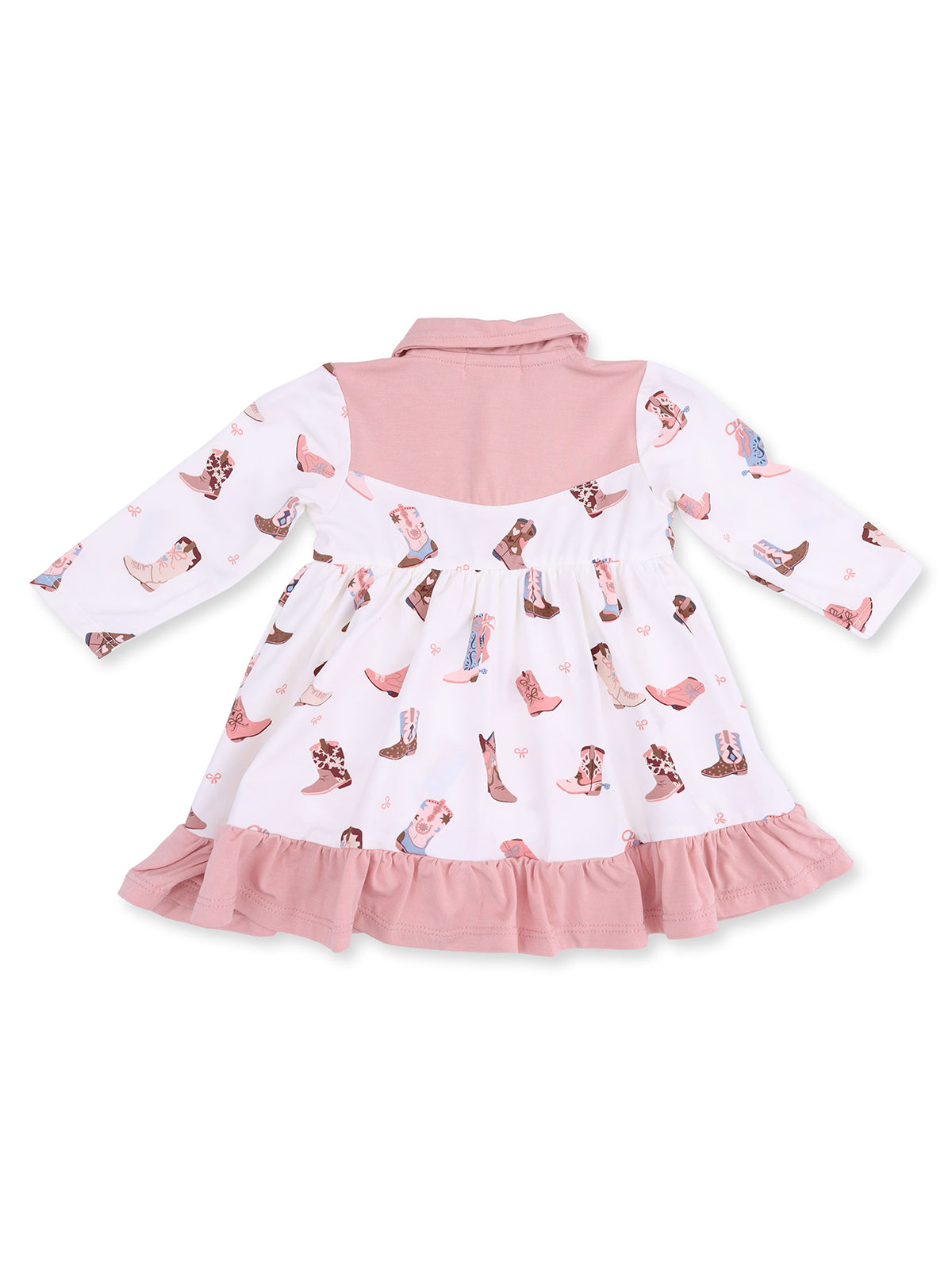 Back view of a children’s dress with a pink collar and patterned boots on a white fabric. Flared hem with ruffle details.