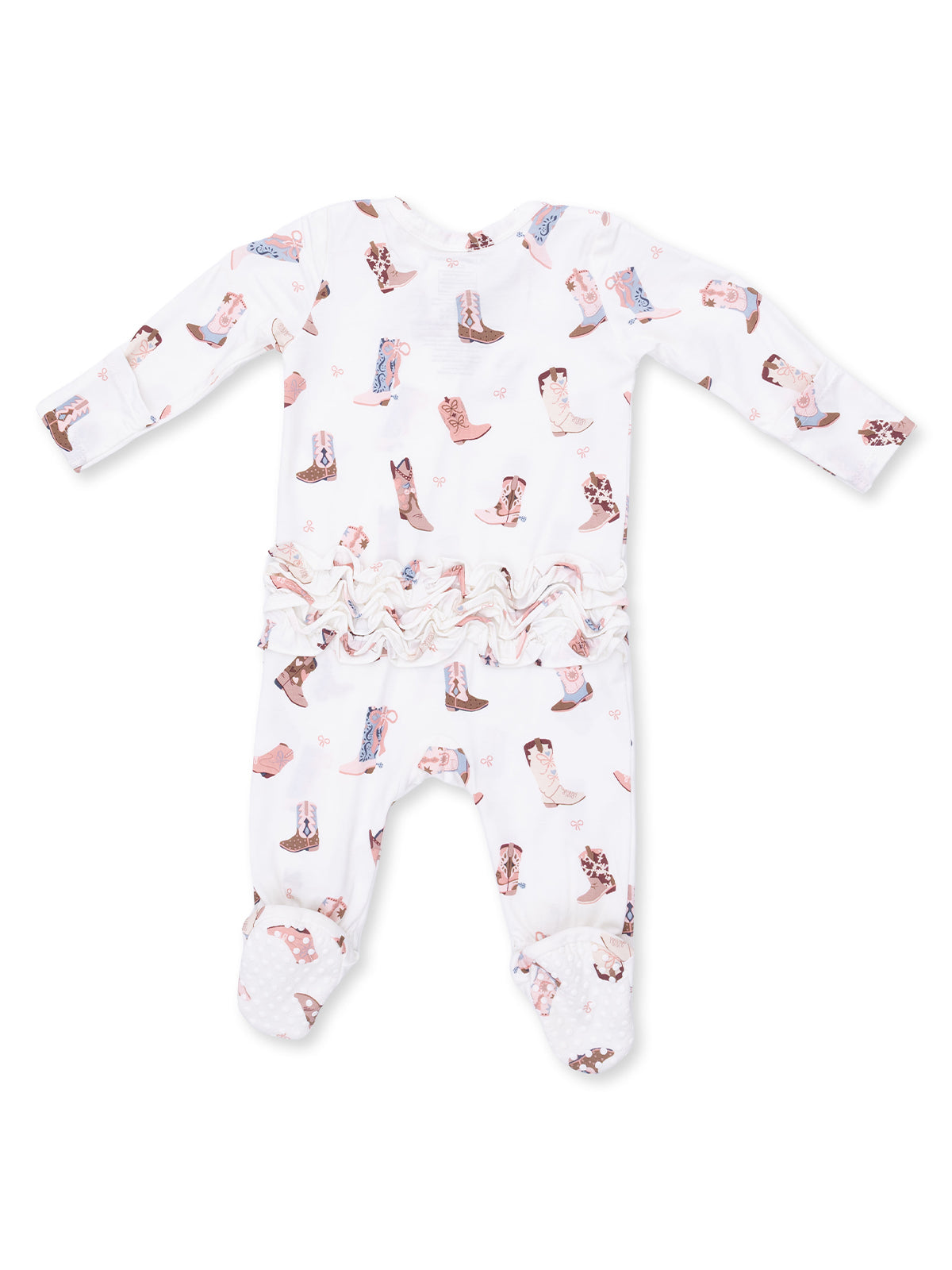 White baby onesie with a cowboy boot pattern and ruffled waist, featuring long sleeves and footed design.