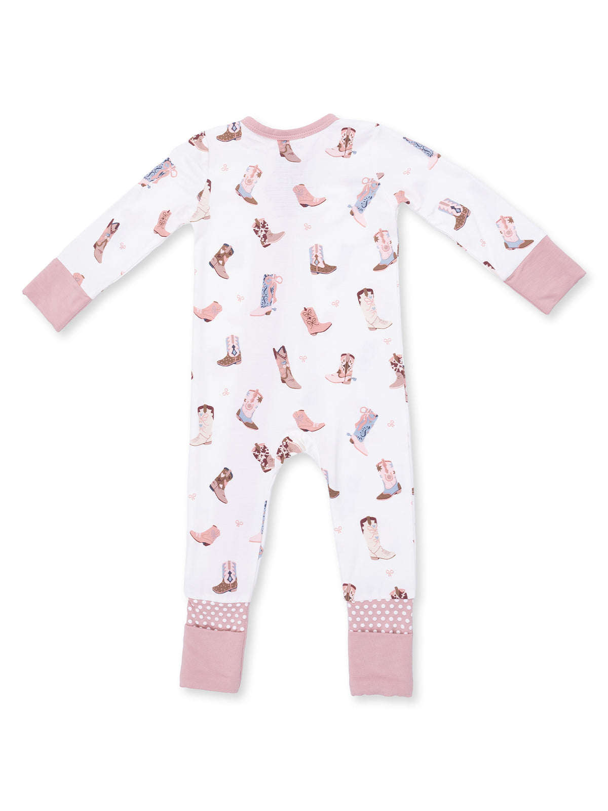 White pajama suit with colorful boot prints and pink cuffs, perfect for kids' cozy sleepwear.
