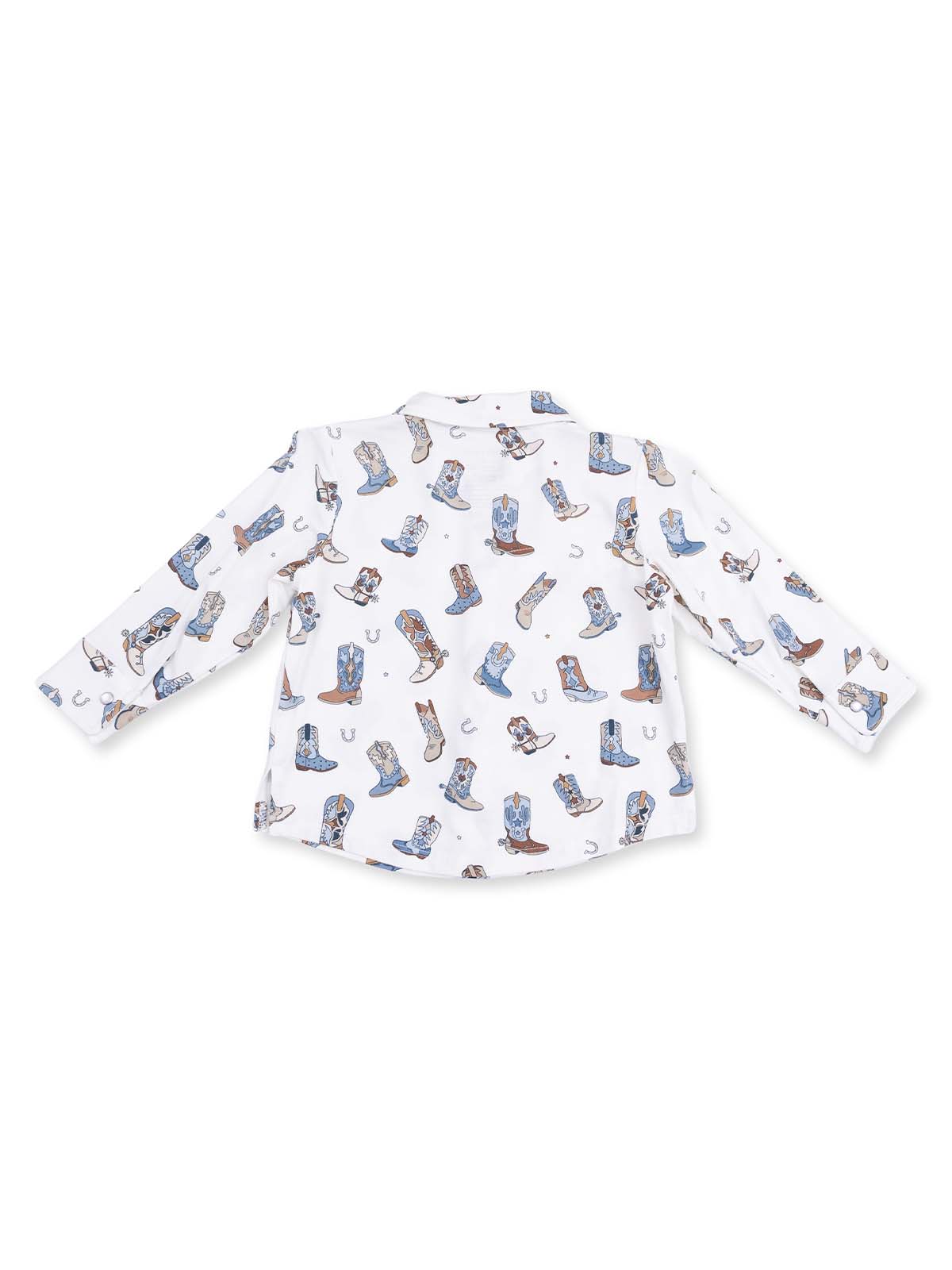 Back view of a white shirt featuring a pattern of boots and western-themed designs.
