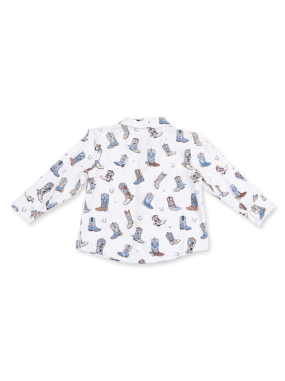 Back view of a white shirt featuring a pattern of boots and western-themed designs.