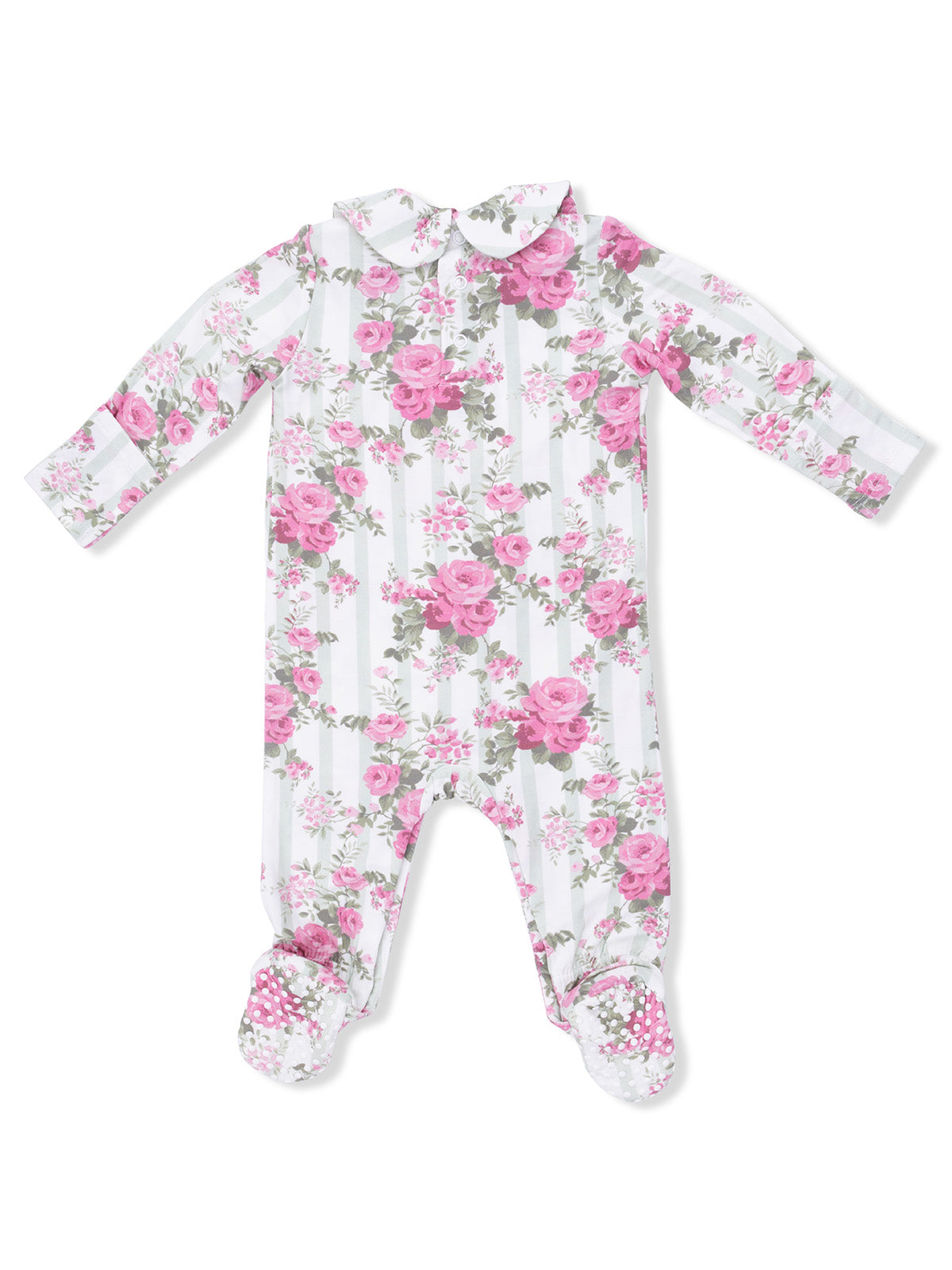 White floral baby romper with pink roses and a collar, featuring long sleeves and footed design.