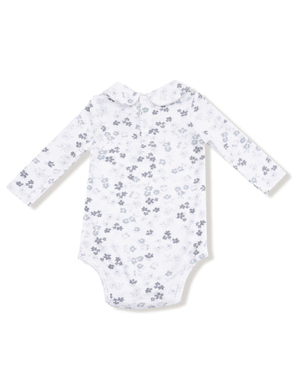 Long-sleeve baby bodysuit with a floral pattern and Peter Pan collar, in shades of gray and white.