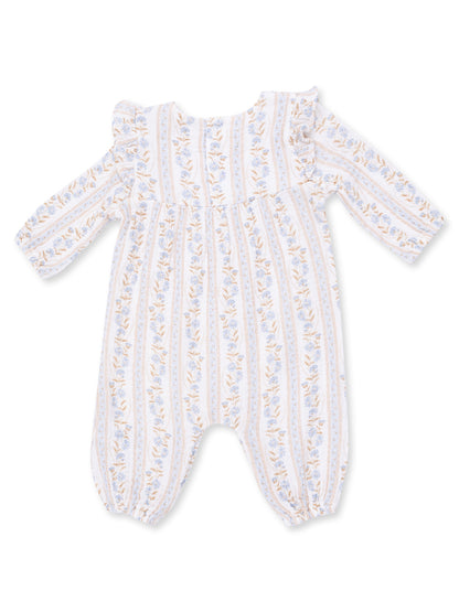 Light floral baby romper with ruffles; white base with blue and yellow stripes, perfect for warm weather.