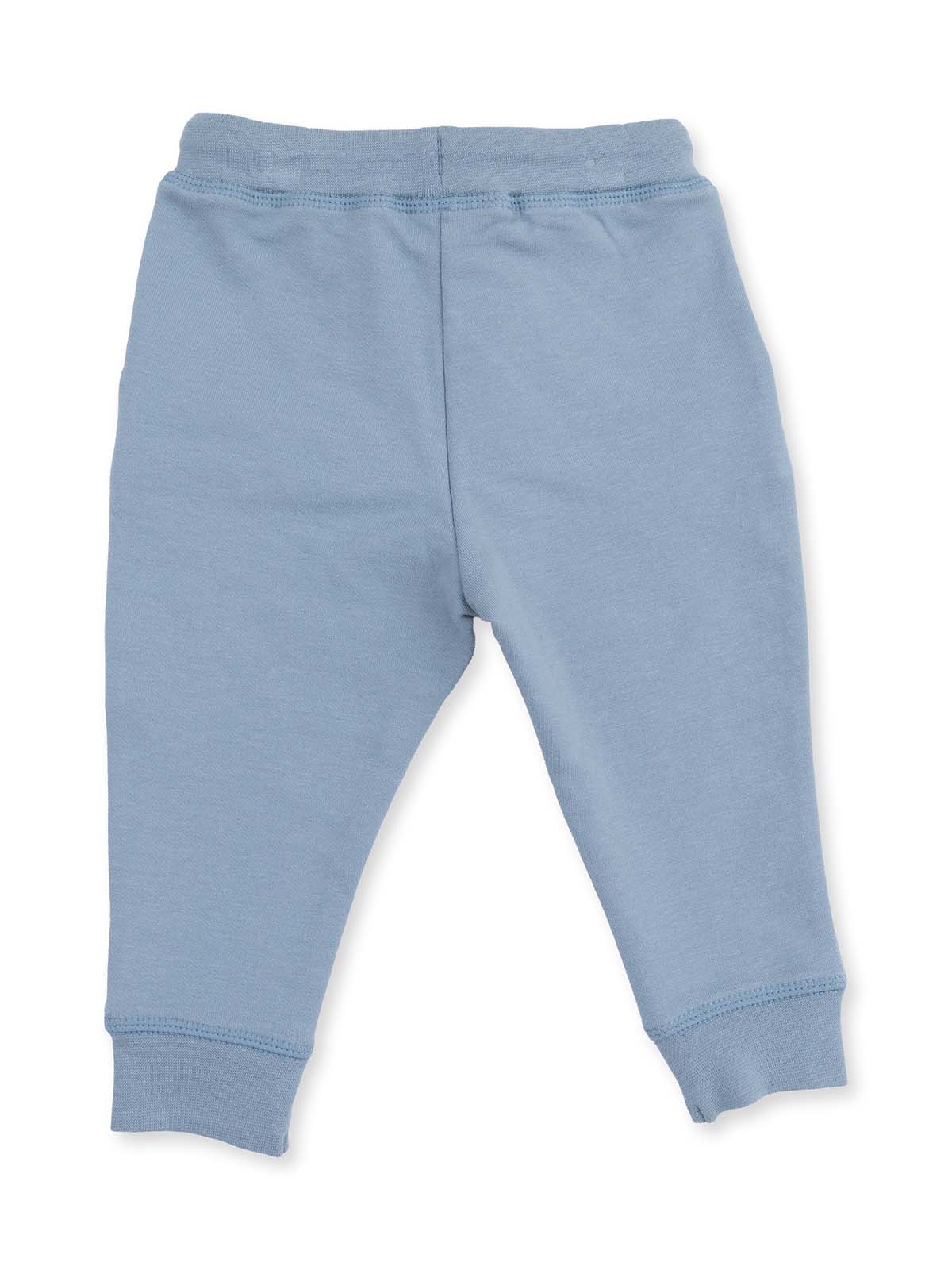 Light blue toddler pants viewed from the back, featuring a comfortable elastic waistband and cuffed legs.
