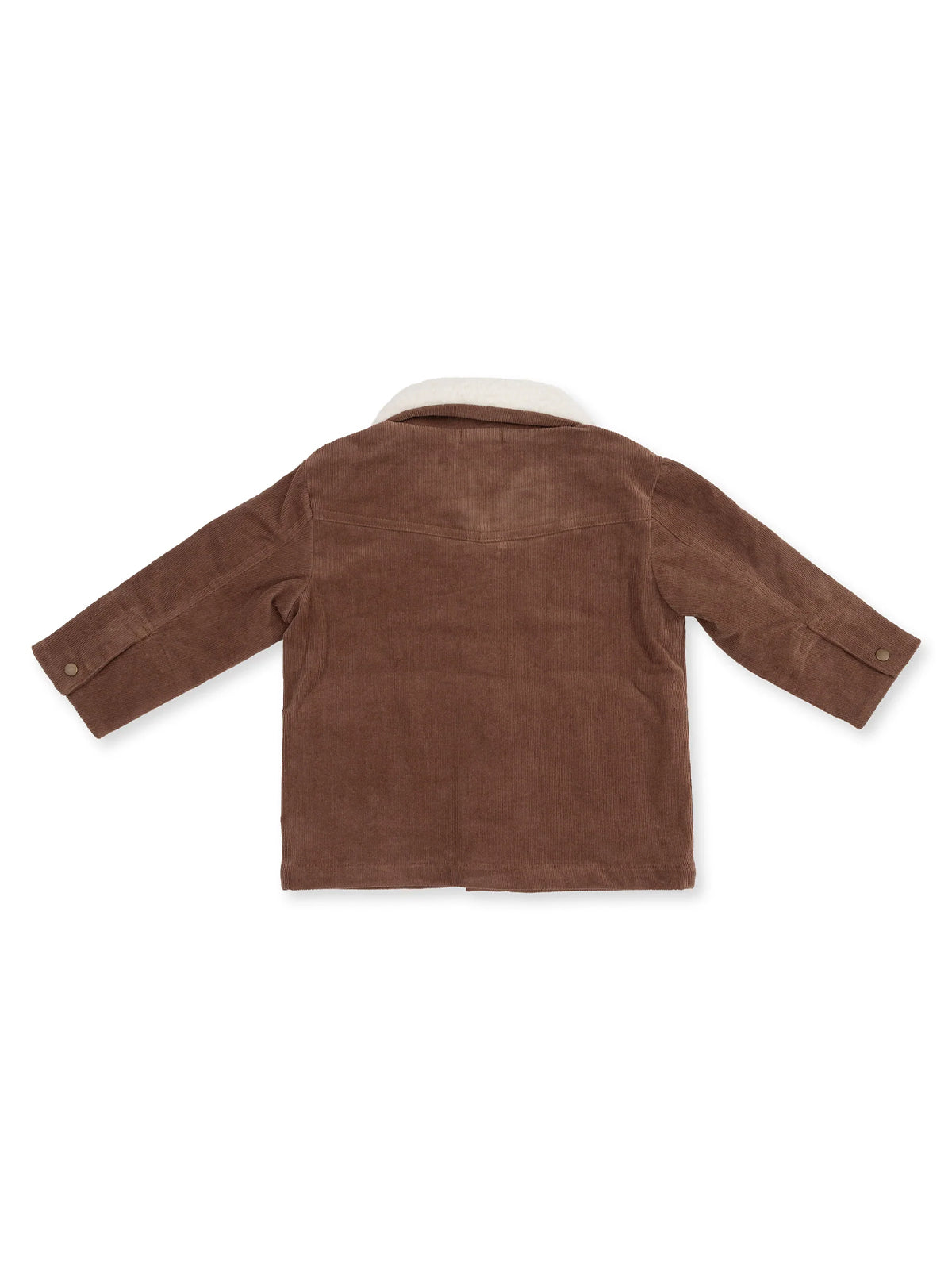 Brown corduroy jacket with a white collar, viewed from the back.