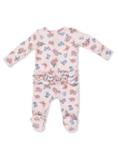 Pink floral baby onesie with long sleeves and ruffled waist, featuring butterflies and boot designs.