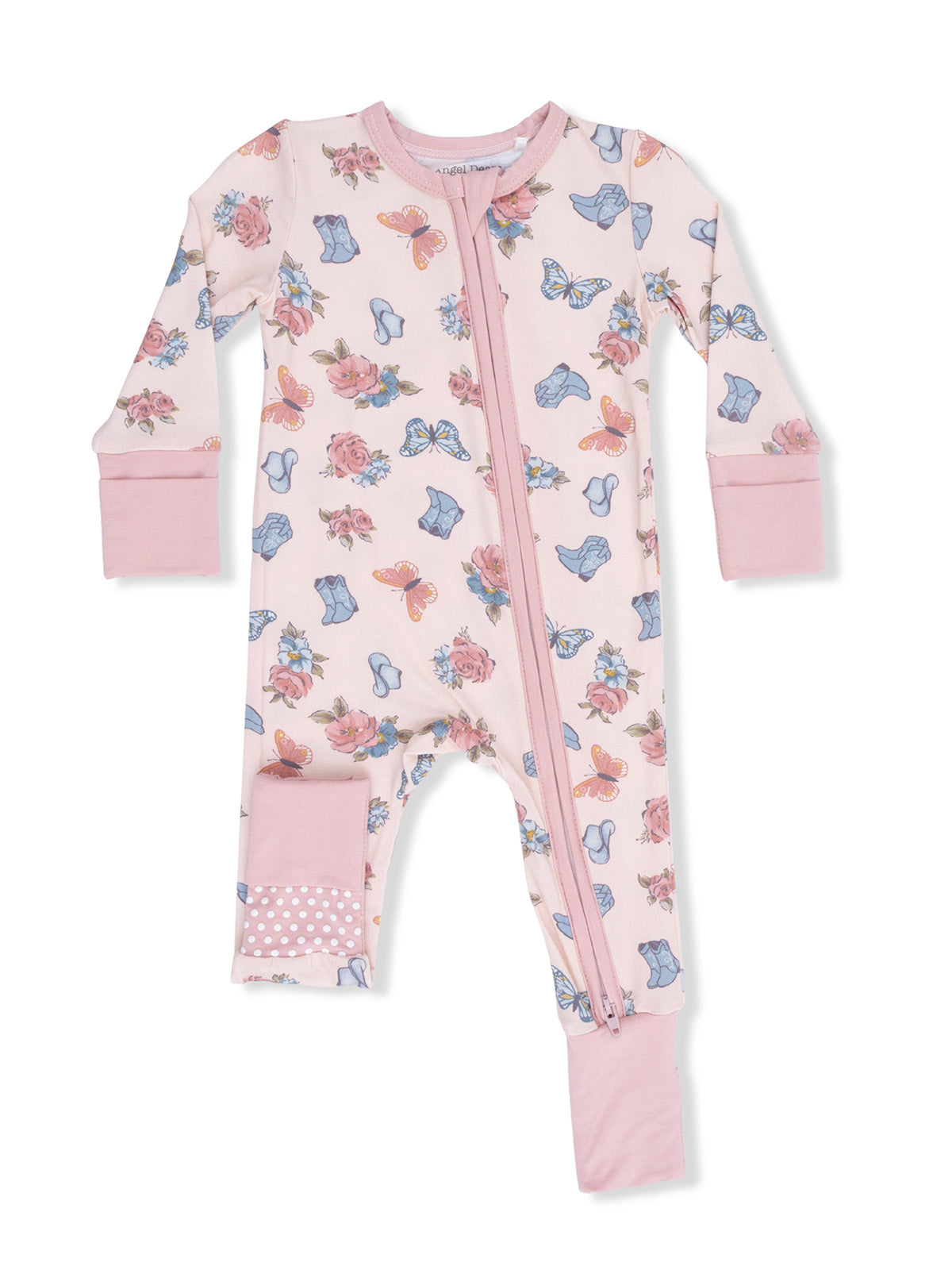 Pink baby onesie with floral and butterfly patterns, featuring a front zipper and long sleeves.