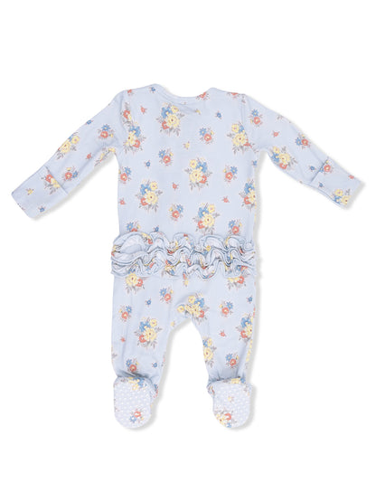 Light blue floral baby romper with long sleeves, ruffled waist, and textured soles for enhanced grip.