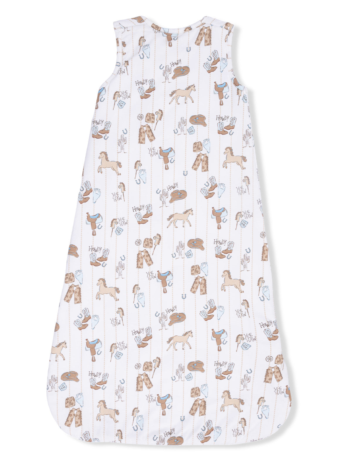 Horse-themed sleep sack featuring playful illustrations of horses, saddles, and cowboy gear on a white background.