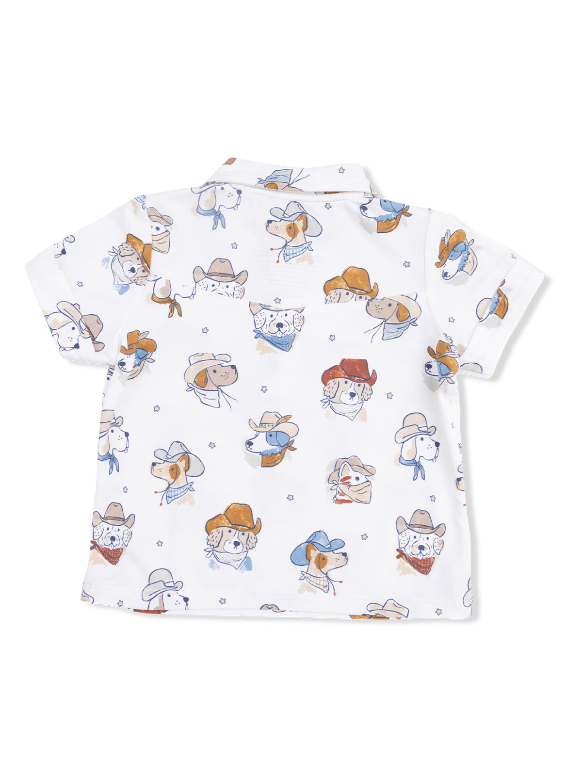 White shirt featuring playful dog illustrations wearing cowboy hats.