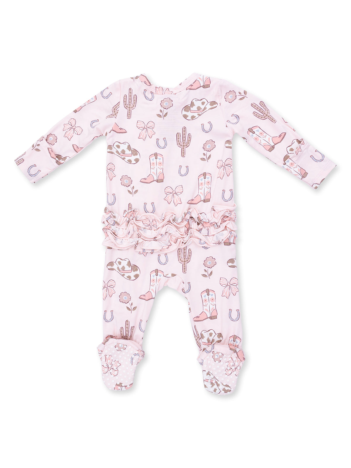 Pink baby outfit with Western prints like boots, cacti, and bows, featuring ruffled details and footed pants.