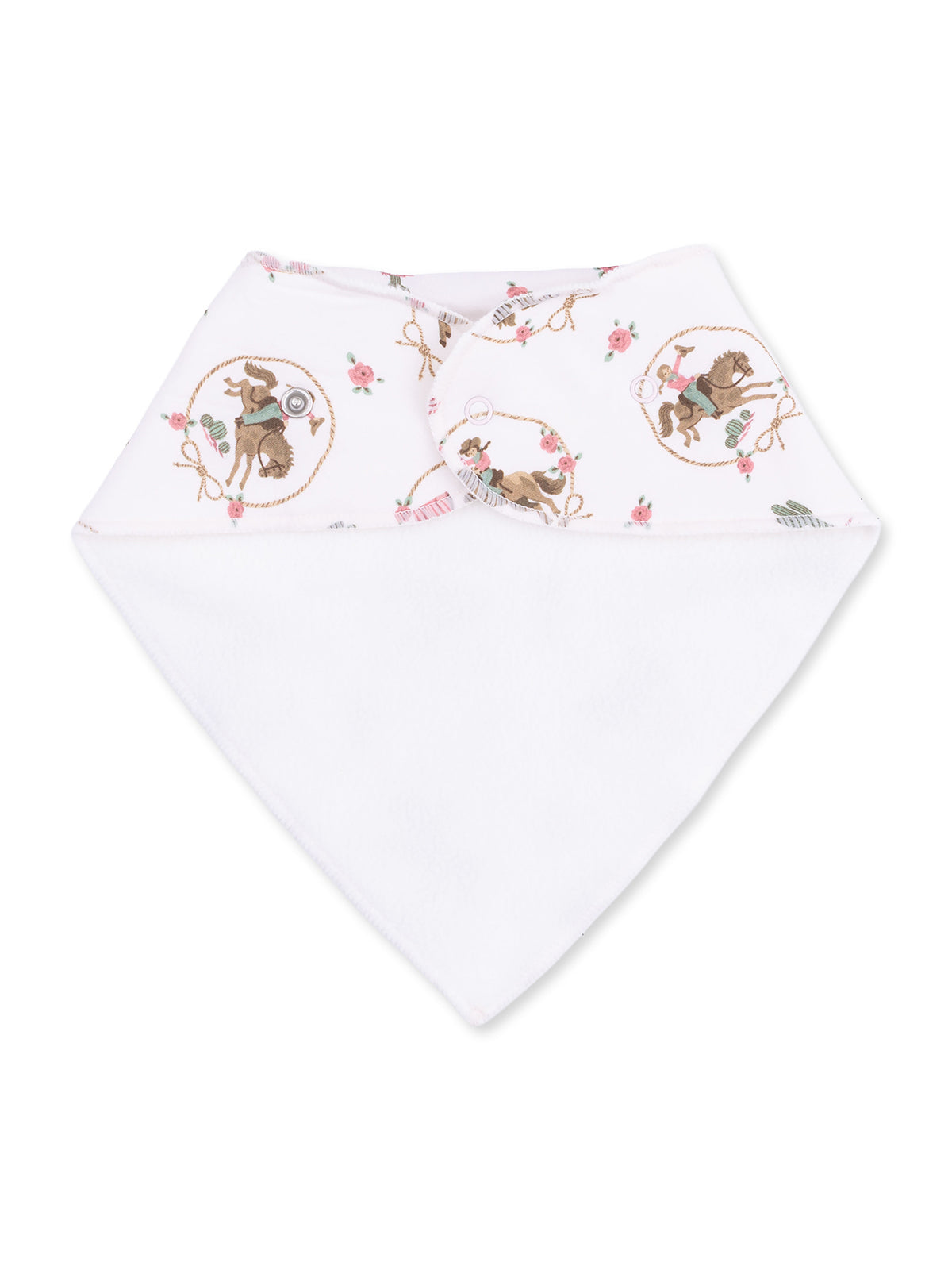 Floral patterned bandana bib with a white underside, featuring horses and flowers in a playful design.