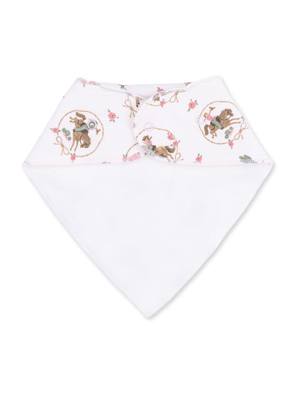 Floral patterned bandana bib with a white underside, featuring horses and flowers in a playful design.