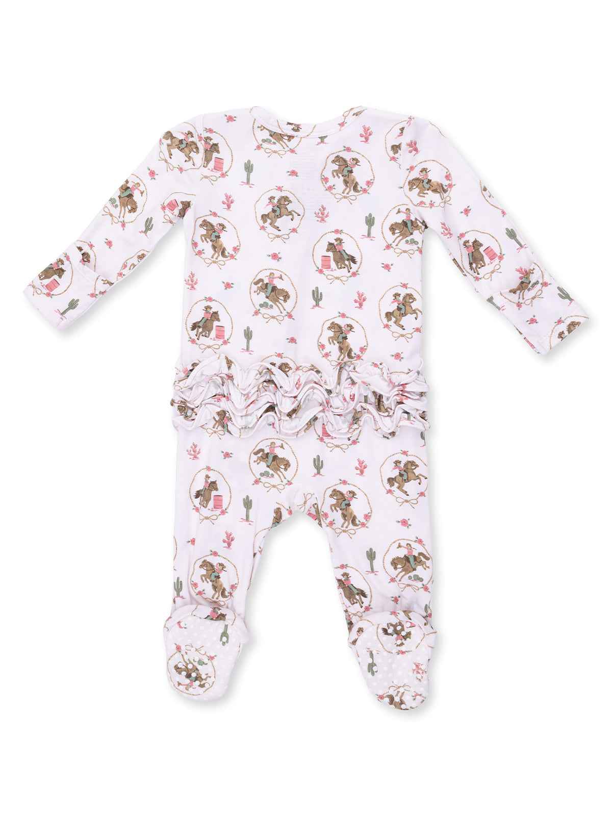 White baby onesie with cactus and cowboy print, featuring long sleeves and ruffled detailing on the waist.