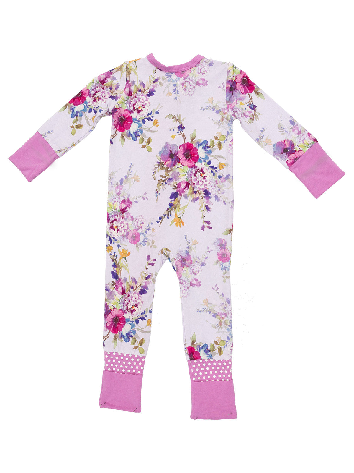 Floral-patterned baby onesie with long sleeves and pink accents, featuring a polka dot design on the cuffs.
