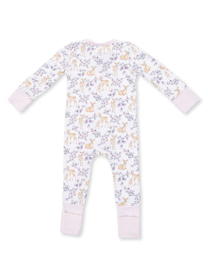 Children's pajama outfit with a floral and deer print, featuring long sleeves and soft, pink cuffs at the feet.