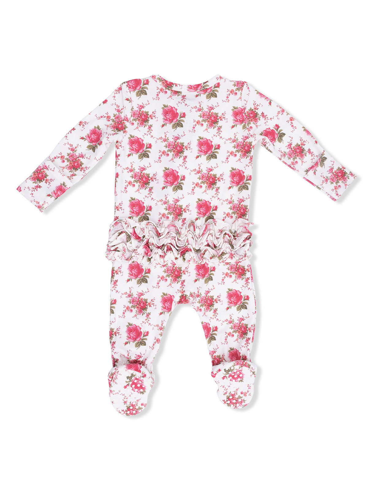 White floral infant onesie with long sleeves and ruffled back, featuring pink roses and footed design.